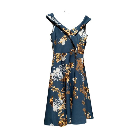 Boohoo Night Womens Teal Gold Floral Off Shoulder Fit And Flare Dress size 6 - Picture 1 of 13